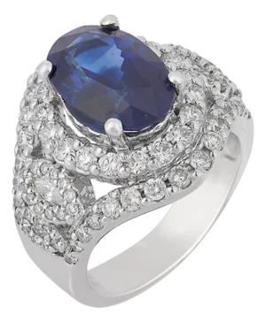 Vintage 4.43 Carat Sapphire Diamond 18k White Gold Cocktail Ring, Size 6