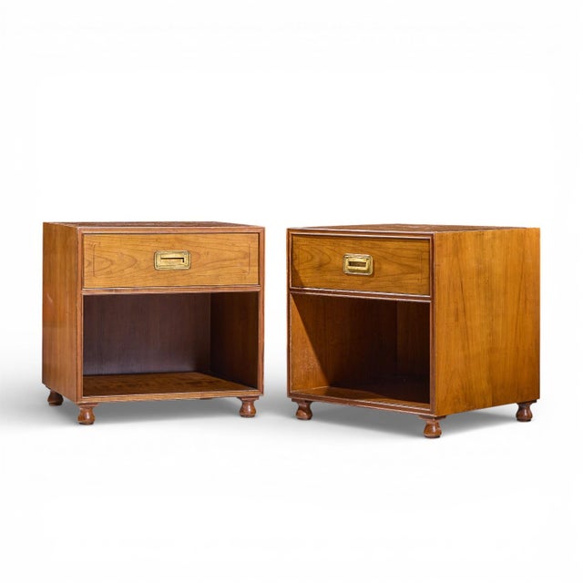 Campaign Baker Cherry and Brass Campaign Nightstands - Pair For Sale - Image 3 of 12