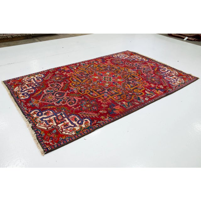 Red Vintage Heriz Hand-Knotted Wool Rug With Medallion Motif - 6 X 10 For Sale - Image 4 of 8