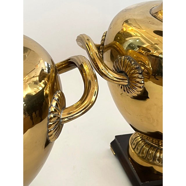 Striking Pair Hollywood Regency Marbro Polished Brass 'Hydria' Lamps For Sale - Image 11 of 12