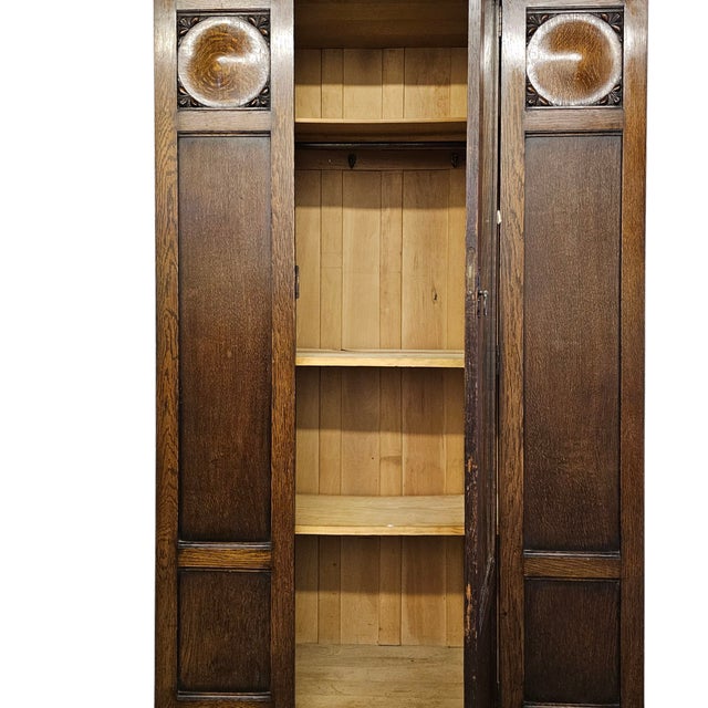 Arts & Crafts Oak Wardrobe With Carved Roundels and Mirrored Center Door For Sale In San Francisco - Image 6 of 14