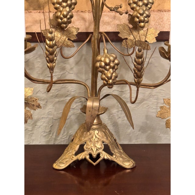 Candelabra Pair French Altar Style Gilt Metal Grape Wheat Five Light 21.25” For Sale In Richmond - Image 6 of 11