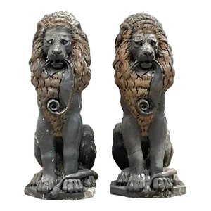 Vintage Boho Cast Concrete Lion Statues - a Pair