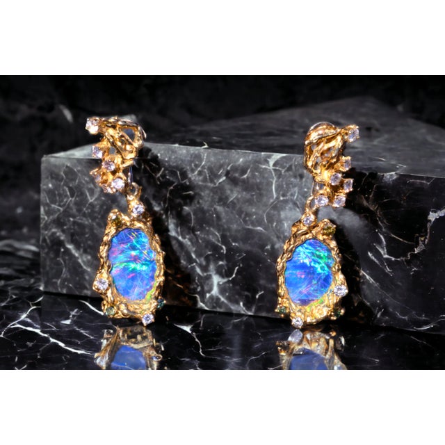 1960s The Stella: Arthur King Ear Pendants Set with Opal and Diamonds and Fancy Colored Diamonds, 2 Pieces For Sale In Philadelphia - Image 6 of 6