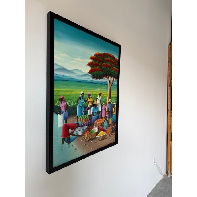 1980s Vintage Barnes Folk Art Market Scene Oil on Canvas Painting – Framed For Sale - Image 5 of 14