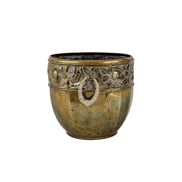 Antique Art Deco Jugendstil Brass Jardiniere Planter Cachepot The piece features a prominent, deeply embossed high-relief...