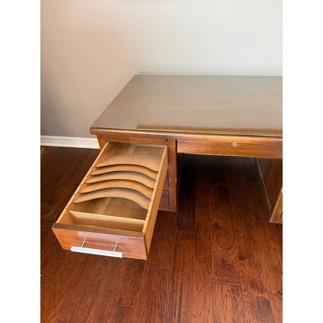 1950s Mid Century Walnut Executive Desk With Glass Top For Sale - Image 4 of 12