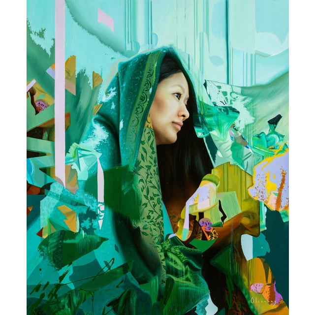 Sabor a miel by Jessica Oliveras | Oil Painting of a woman in a green shawl with abstract elements For Sale