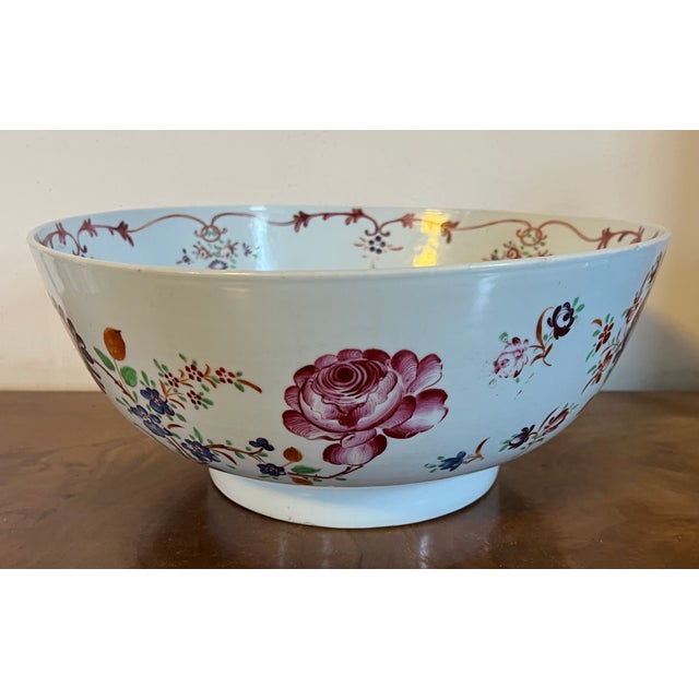 Rose Large Antique Early 19th Century Chinese Export Porcelain Famille Rose Punch Bowl Painted With Exuberant Flowers For Sale - Image 8 of 17