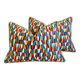 Designers Geometric Teal/Red/White/Gold Feather/Down Pillows 224 X 18" - Pair For Sale