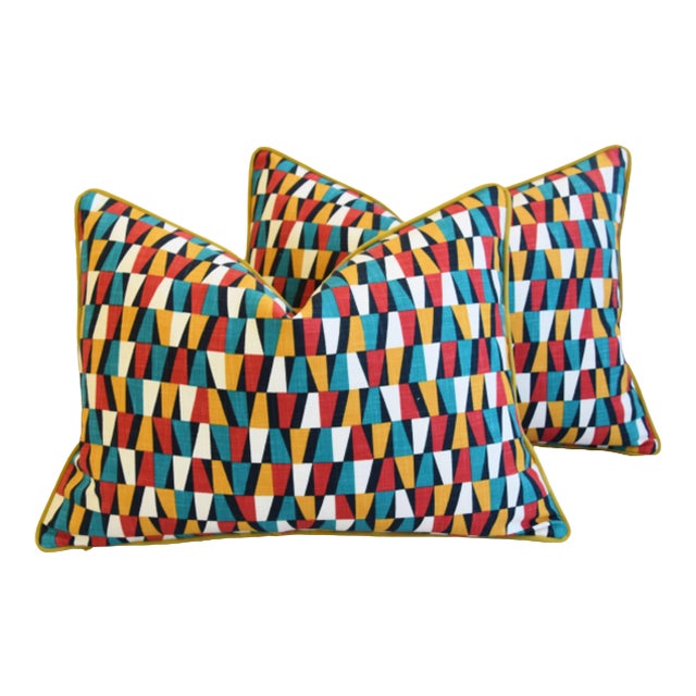 Designers Geometric Teal/Red/White/Gold Feather/Down Pillows 224 X 18" - Pair For Sale