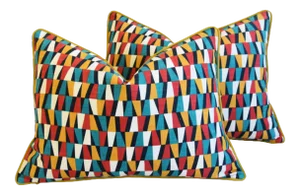 Designers Geometric Teal/Red/White/Gold Feather/Down Pillows 224 X 18" - Pair