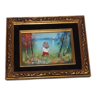 Late 20th Century Fleming Child With Sailboat Painting Enamel on Copper Framed Horizontal For Sale