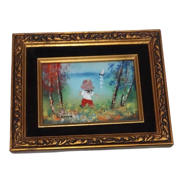 Late 20th Century Fleming Child With Sailboat Painting Enamel on Copper Framed Horizontal For Sale