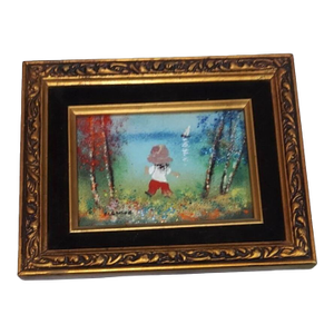 Late 20th Century Fleming Child With Sailboat Painting Enamel on Copper Framed Horizontal