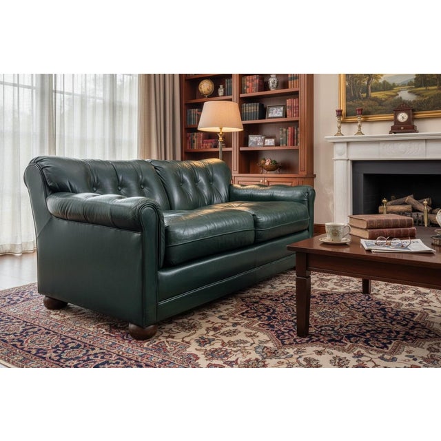 Vintage Dark Green Tufted Leather English Club Loveseat For Sale - Image 16 of 16