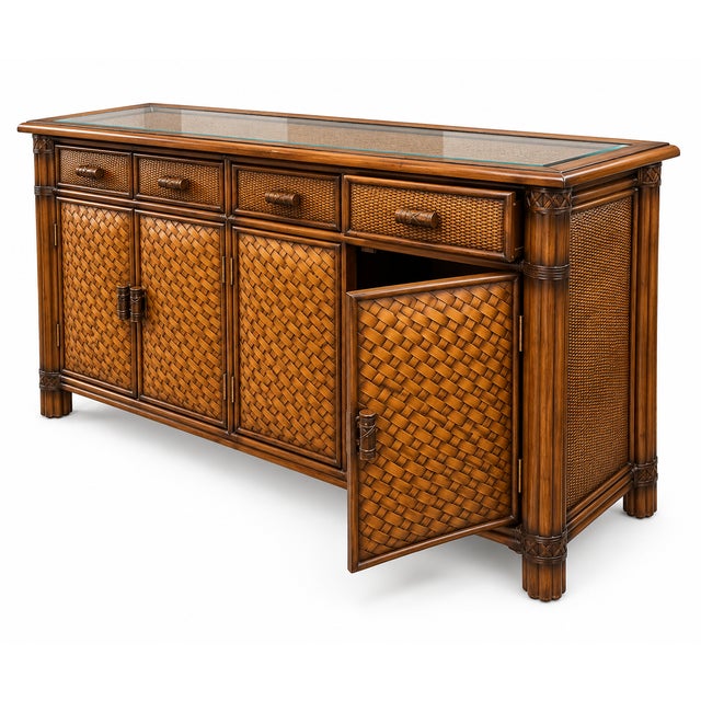 Mid 20th Century Vintage Rattan and Bamboo-Style Sideboard With Glass-Inset Top – Tropical Regency Cabinet For Sale - Image 5 of 9