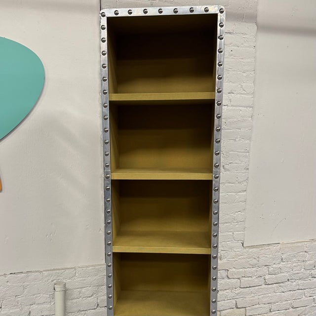Industrial Restoration Hardware Aviator Style Tall Riveted Aluminum Bookcase For Sale - Image 3 of 11