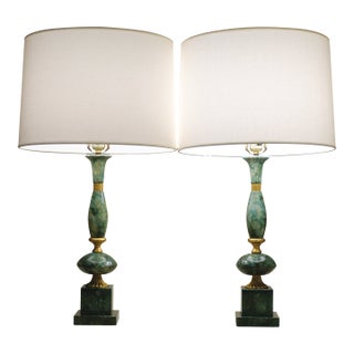 Matching Pair Large Neoclassic Hollywood Regency Modern Green Malachite Marble Urn Style Column Table Lamps 1960's Italy For Sale