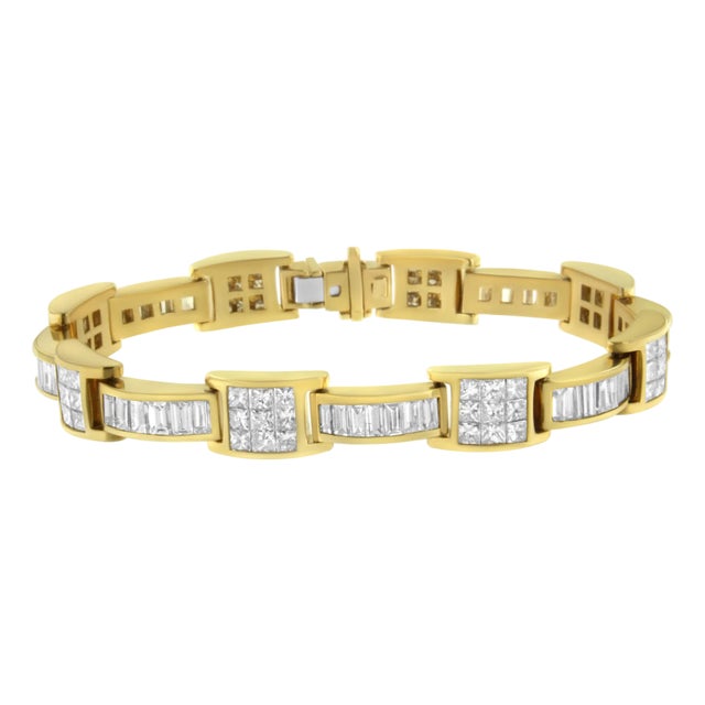 14K Yellow Gold Princess and Baguette-Cut Diamond Box-Link Bracelet(10.75 cttw,G-H Color,VS2-SI1 Clarity) For Sale