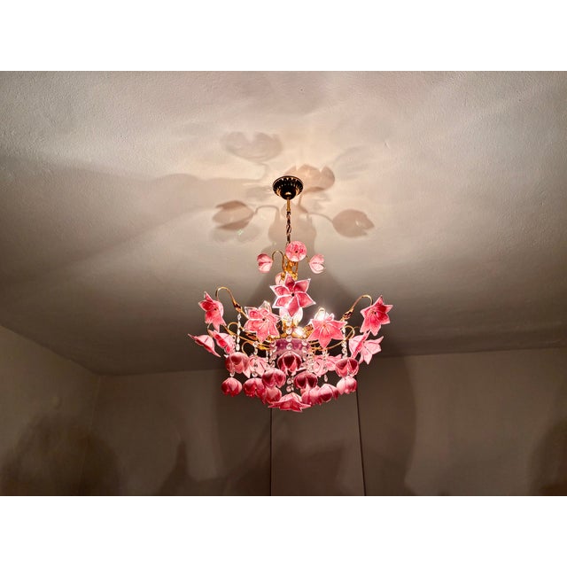 Vintage Murano Style Large Chandelier, Pink Floral Chandelier, Bouquet Style Ceiling Light, 4-Light Flush Mount For Sale - Image 4 of 16