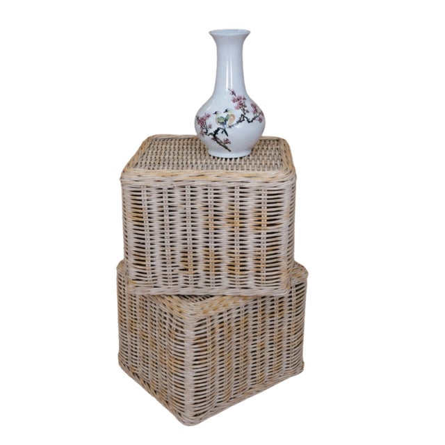 Pair of whitewashed wicker cubes. Can be used as sidetables or stools.