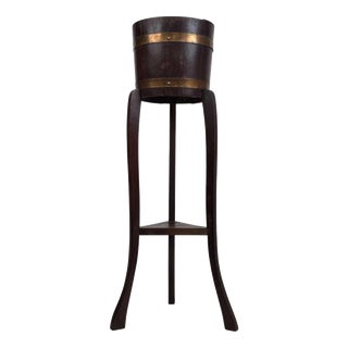 Antique English Brass-Bound Oak Barrel Plant Stand, 1890s For Sale