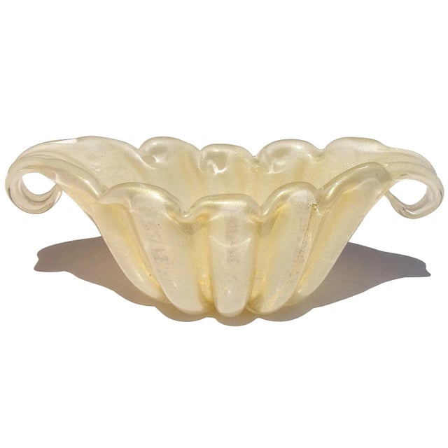 Beautiful vintage Murano hand blown white and gold flecks Italian art glass scallop and flared rim decorative bowl....