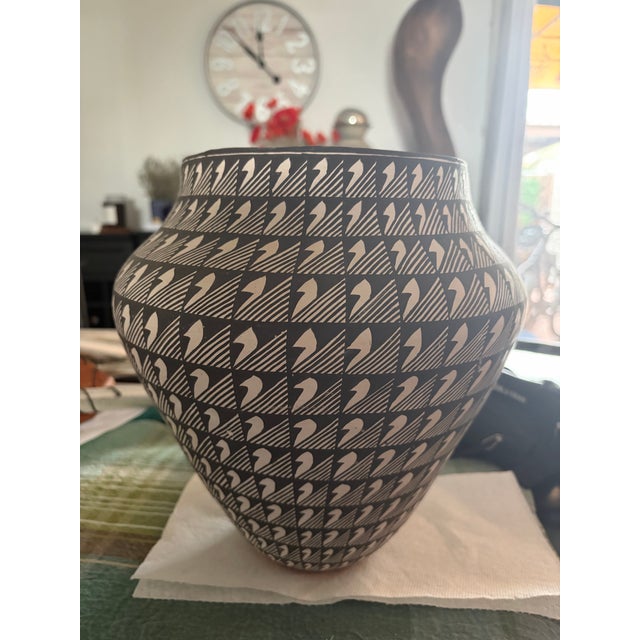 Native American Acoma Native American 11” Pottery Vase Black and White Geometric Design Signed For Sale - Image 3 of 11