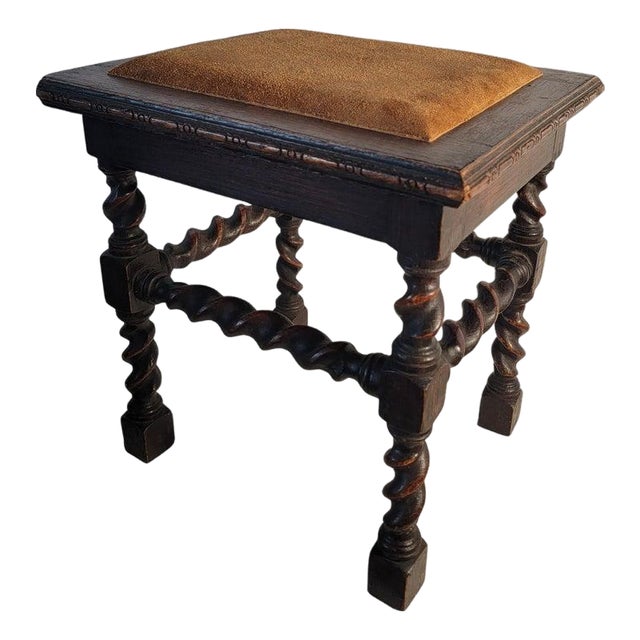 Early 20th Century Barley Twist Bench/ Stool With Leather Cushion For Sale