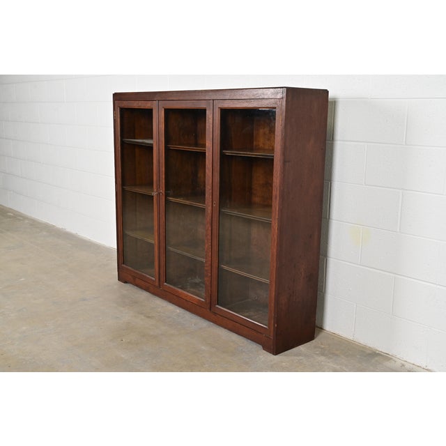Mission Limbert Style Antique Mission Oak Arts and Crafts Triple Bookcase Cabinet, Circa 1900 For Sale - Image 3 of 11