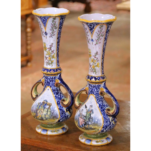 Late 19th Century Pair of 19th Century French Hb Quimper Hand Painted Faience Tall Neck Vases For Sale - Image 5 of 16
