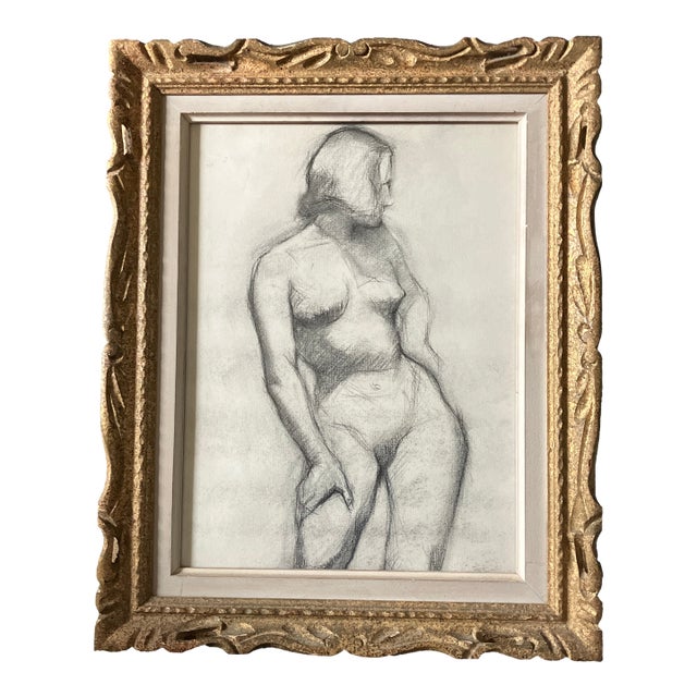 1930’s Original Art Deco Female Nude Charcoal Study Drawing Vintage French Style Carved Wood Frame For Sale