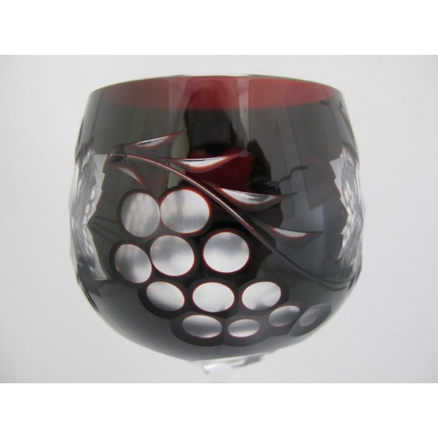 Bohemian Cobalt Blue & Red Grape Cut Crystal 8 1/2" Hock Wine Glass Pair For Sale - Image 12 of 15