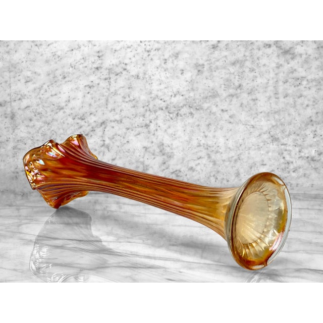 Mid-Century Large Marigold Orange Iridescent Carnival Art Glass Swung Vase For Sale - Image 6 of 7