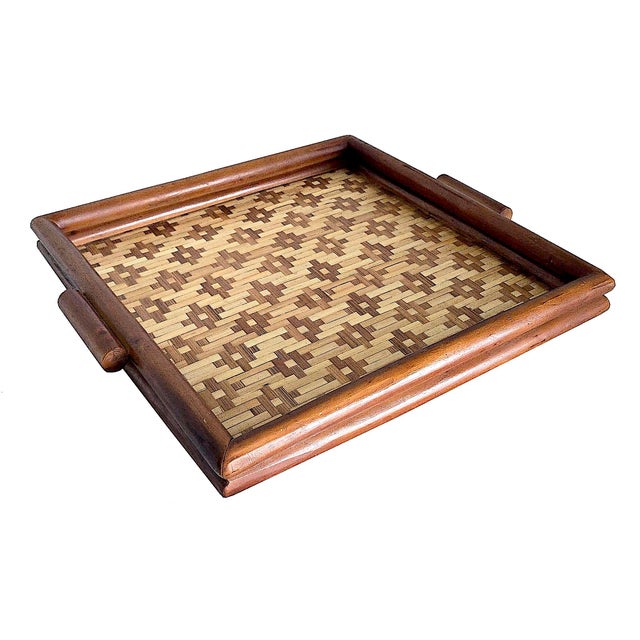 Vintage Square Diamond Weave Bamboo Tray For Sale - Image 10 of 10