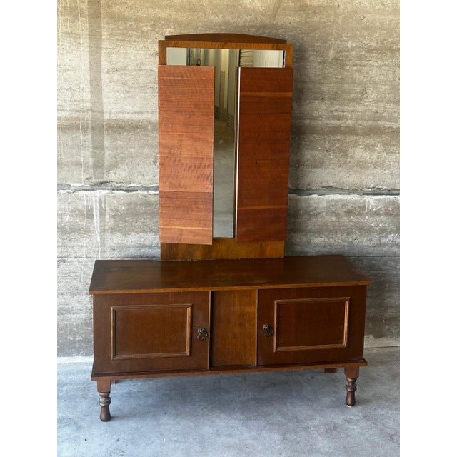Vintage Wooden Dressing Table with Triptych Mirror, 1950s For Sale - Image 4 of 18