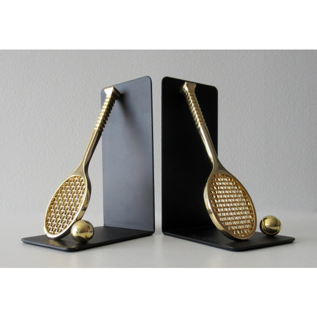Contemporary C.1980's Brass Tennis Racket & Ball Bookends With Black Satin Metal Backs -Made Exclusively for Lord & Taylor For Sale - Image 3 of 13