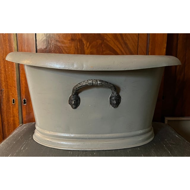 Antique 19th Century French Second Empire Tole Gray Painted Oval Jardiniere Cachepot Planter With Mask Handles For Sale - Image 16 of 18