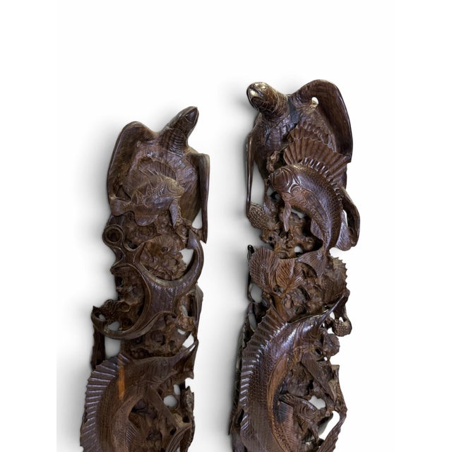 Brown Mid 20th Century Pair of Monumental Mid-Century Guayacan Wood Sea Life Totem Sculptures - 35.5" & 38" For Sale - Image 8 of 11