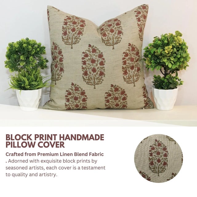 Contemporary Fabdivine Hand Block Print Linen Blend Virat Print Cushion Cover- 18x18 For Sale - Image 3 of 5
