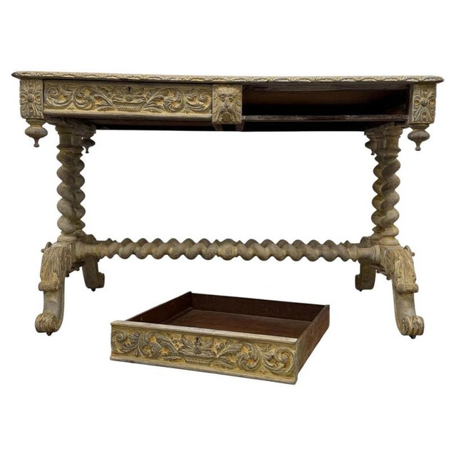 Antique Victorian Oak Writing Table with Carved Decoration For Sale - Image 3 of 11