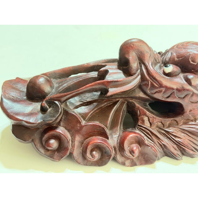 Wood Vintage Indonesian Hand-Carved Horned Guardian Wall Mask With Inset Eyes For Sale - Image 7 of 12