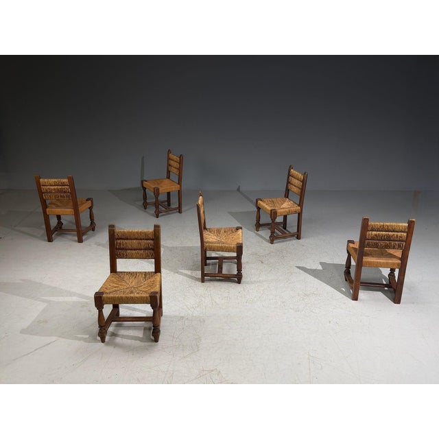 Mid-Century Modern Charles Dudouyt, Six Rustic Dining Chairs, Oak, Rush, France, 1940s For Sale - Image 3 of 16