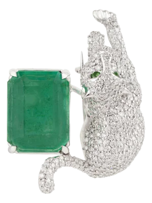 6.49ct Emerald & 1.67ct Diamond Art Deco Panther Brooch Pin in 18k White Gold