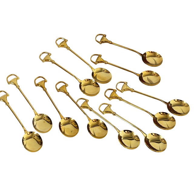 1980s Vintage Set of 12 Gucci Gold-Plated Coffee or Demitasse /Coffee Spoons Horsebit Style Handles, For Sale - Image 5 of 10
