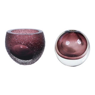 Small Contemporary Eggplant Purple Glass Vases - A Pair For Sale