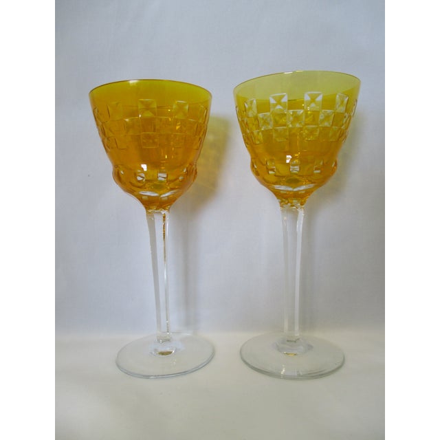 Glass Bohemian Canary Yellow Cased Cut to Clear Vintage Wine Glasses - a Pair For Sale - Image 7 of 13