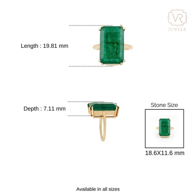 12.59 Ct Emerald Solitaire Contemporary Cocktail Ring Size 5.5 by VRJewels in 18k Yellow Gold For Sale - Image 11 of 15