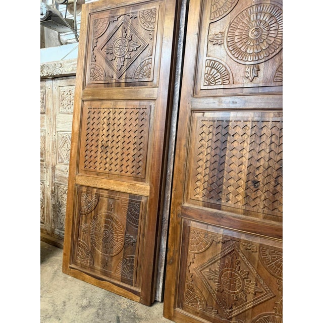 1920s Hand Carved Teak Wood Barn Door Geometric Medallion Three Panel Farmhouse Sliding Door 96x36 For Sale - Image 5 of 8